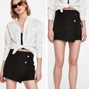 Zara Black Faux Suede Wrap Button High Waist Skort